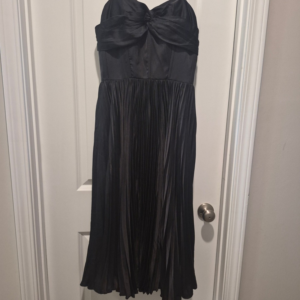 Black Satin Pleated Midi Dress Corset Lace Up Back Sweetheart Neck Formal Party